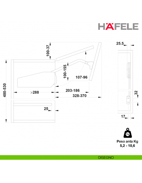 Guarnitura per anta pieghevole Hafele Free Fold altezza mobile 480-530 mm - Peso anta 5,2-10,6 kg - modello C3fo