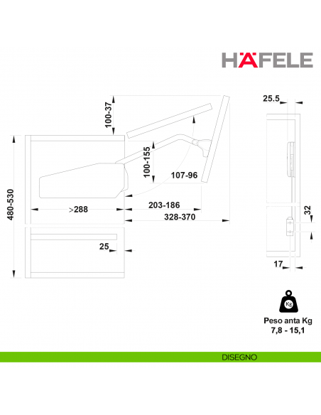 Guarnitura per anta pieghevole Hafele Free Fold altezza mobile 480-530 mm - Peso anta 7,8-15,1 kg - modello C4fo