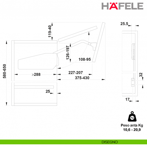 Guarnitura per anta pieghevole Hafele Free Fold altezza mobile 580-650 mm - Peso anta 10,6-20,9 kg - modello E5fo