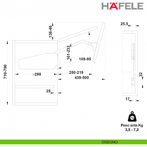 Guarnitura per anta pieghevole Hafele Free Fold altezza mobile 710-790 mm - Peso anta 3,5-7,2 kg - modello G3fo
