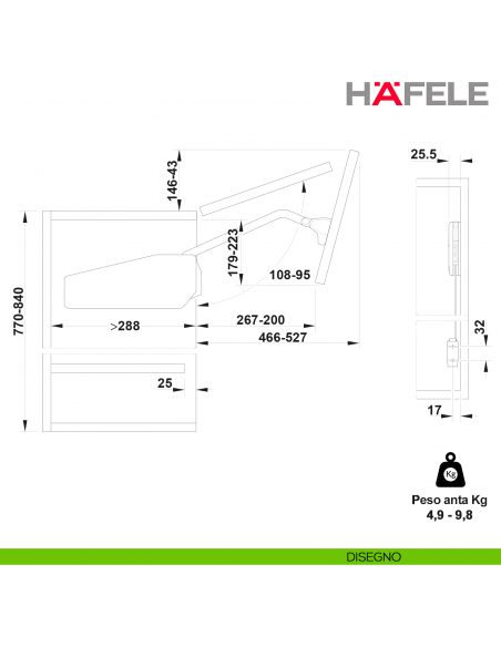 Guarnitura per anta pieghevole Hafele Free Fold altezza mobile 770-840 mm - Peso anta 4,9-9,8 kg - modello H4fo