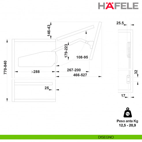 Guarnitura per anta pieghevole Hafele Free Fold altezza mobile 770-840 mm