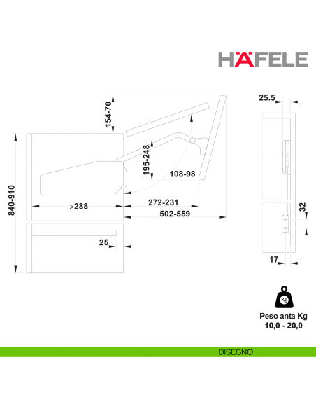 Guarnitura per anta pieghevole Hafele Free Fold altezza mobile 840-910 mm - Peso anta 10,0-20,0 kg - modello I6fo