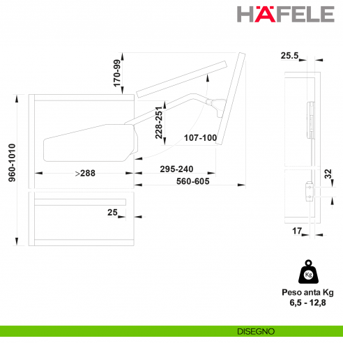 Guarnitura per anta pieghevole Hafele Free Fold altezza mobile 960-1010 mm - Peso anta 6,5-12,8 kg - modello K5fo