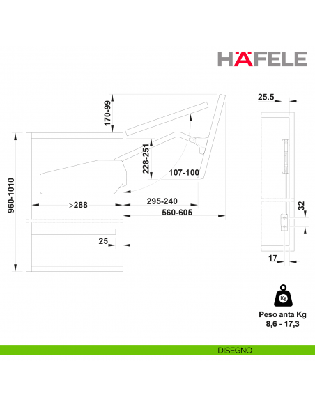 Guarnitura per anta pieghevole Hafele Free Fold altezza mobile 960-1010 mm - Peso anta 8,6-17,3 kg - modello K6f0