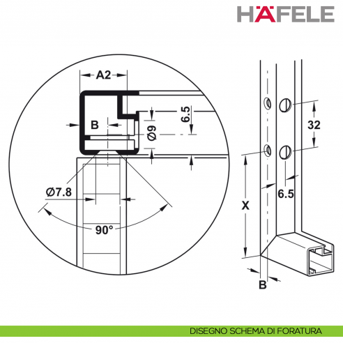 Adattatore per ante a ribalta con telai in alluminio da 20 mm per Free Fold Hafele - disegno schema di foratura