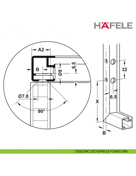 Adattatore per ante a ribalta con telai in alluminio da 20 mm per Free Fold Hafele - disegno schema di foratura
