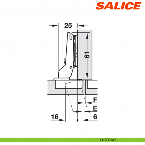 Cerniera Salice C2APG99 Push apertura 110 gradi collo 9 per ante senza maniglia - disegno