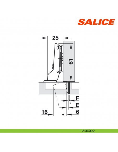 Cerniera Salice C2APG99 Push apertura 110 gradi collo 9 per ante senza maniglia - disegno