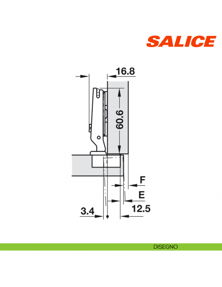 Cerniera Salice C4A7A99 Mini apertura 94 gradi collo 0 foro 26 chiusura automatica - disegno