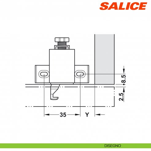 Cricchetto meccanico a pressione singolo con adattatore di regolazione per anta Salice Push DP4SNG - disegno