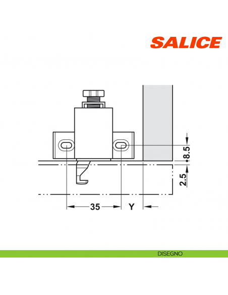 Cricchetto meccanico a pressione singolo con adattatore di regolazione per anta Salice Push DP4SNG - disegno