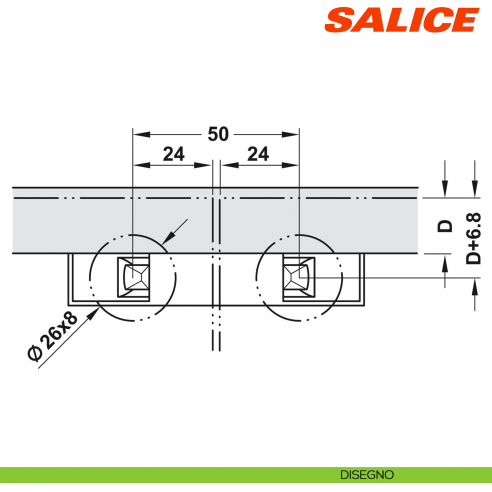 Cricchetto meccanico a pressione doppio con adattatore di regolazione per anta Salice Push DP5SNG - disegno