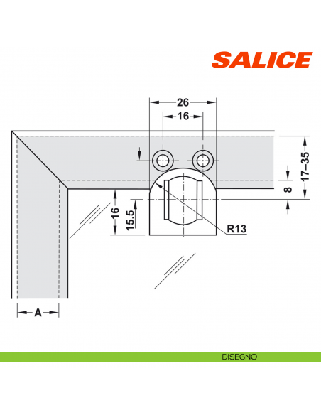 Controcricchetto per anta con profilo in alluminio larghezza da 17 a 35 mm Salice Push DP29SNGB - disegno