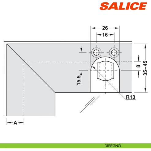 Controcricchetto per anta con profilo in alluminio larghezza da 35 a 45 mm Salice Push DP29SNGA - disegno