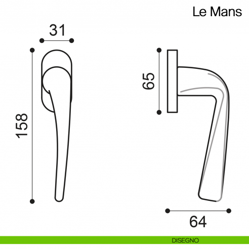 Maniglia martellina DK per finestra Le Mans Manital disegno