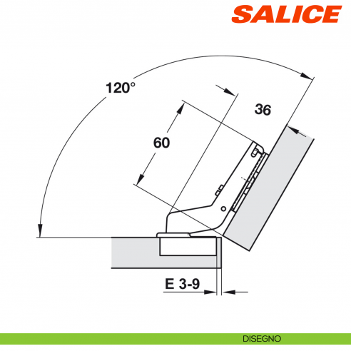 Cerniera Salice C7A6EE9 Silentia+ apertura 110 gradi applicazione angolare positiva 30 gradi mezzo sormonto - disegno