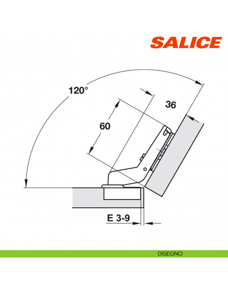Cerniera Salice C7A6EE9 Silentia+ apertura 110 gradi applicazione angolare positiva 30 gradi mezzo sormonto - disegno