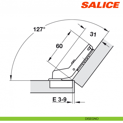 Cerniera Salice C7A6KE9 Silentia+ apertura 110 gradi applicazione angolare positiva 37 gradi mezzo sormonto - disegno