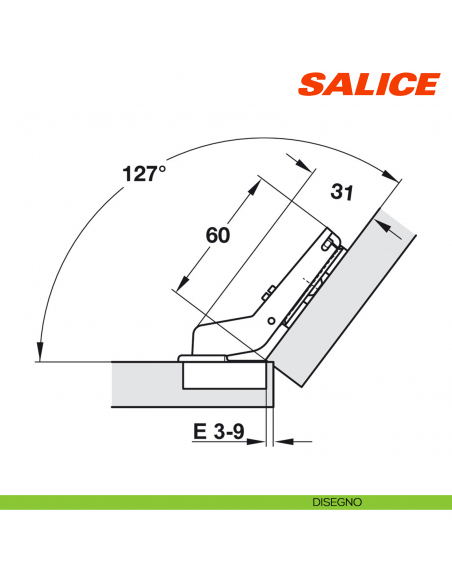Cerniera Salice C7A6KE9 Silentia+ apertura 110 gradi applicazione angolare positiva 37 gradi mezzo sormonto - disegno