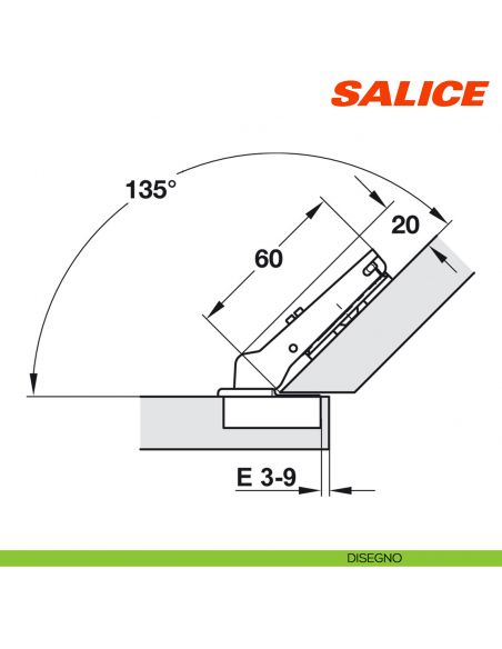 Cerniera Salice C7A6VE9 Silentia+ apertura 110 gradi applicazione angolare positiva 45 gradi a sormonto - disegno