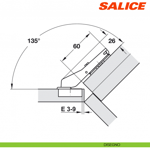 Cerniera Salice C7A6ME9AC Silentia+ apertura 110 gradi applicazione angolare positiva 45 gradi a filo - disegno