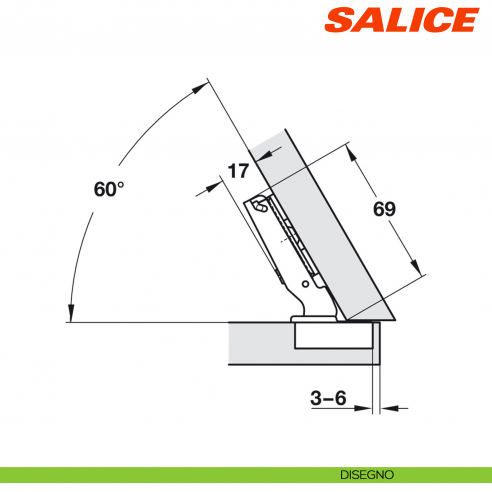Cerniera Salice C7A6WE9 Silentia+ apertura 110 gradi applicazione angolare negativa 30 gradi - disegno