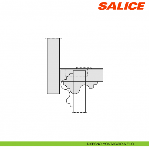 Cerniera Salice C3ABA99 ad ingombro ridotto apertura 94 gradi forti spessori chiusura automatica - disegno montaggio a filo