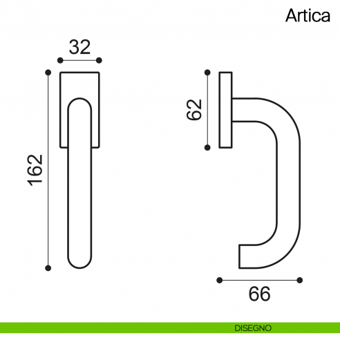 Maniglia martellina DK per finestra Artica Manital in acciaio disegno