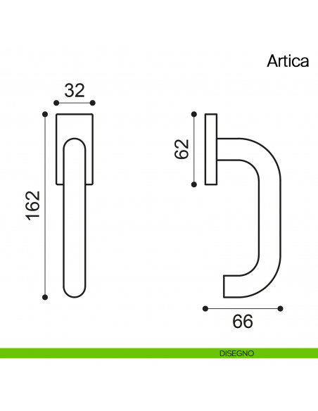 Maniglia martellina DK per finestra Artica Manital in acciaio disegno