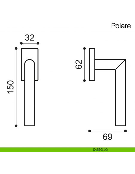 Maniglia martellina DK per finestra Polare Manital in acciaio disegno