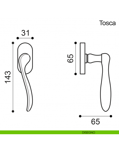 Maniglia martellina DK per finestra Tosca Manital disegno