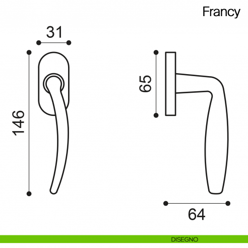 Maniglia martellina DK per finestra Francy Manital disegno