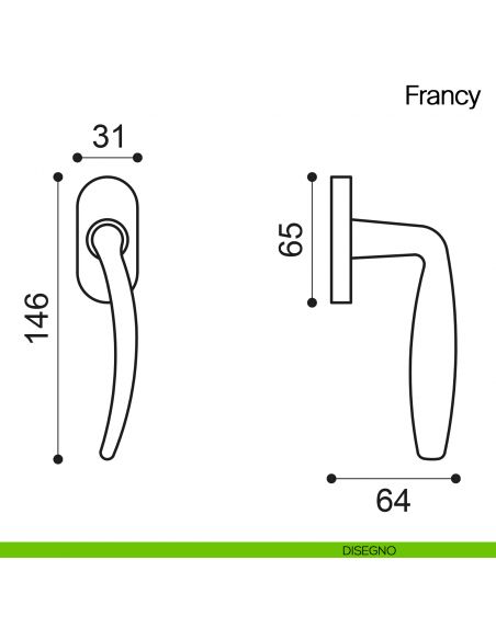 Maniglia martellina DK per finestra Francy Manital disegno