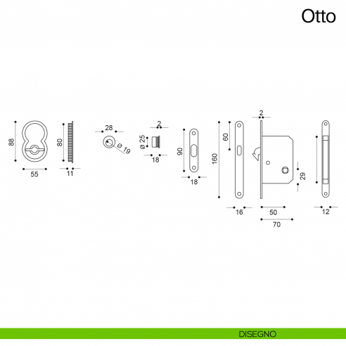 Maniglia per porta scorrevole Otto Manital con nottolino, trascinatore e serratura disegno