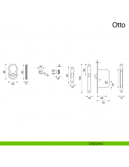Maniglia per porta scorrevole Otto Manital con nottolino, trascinatore e serratura disegno