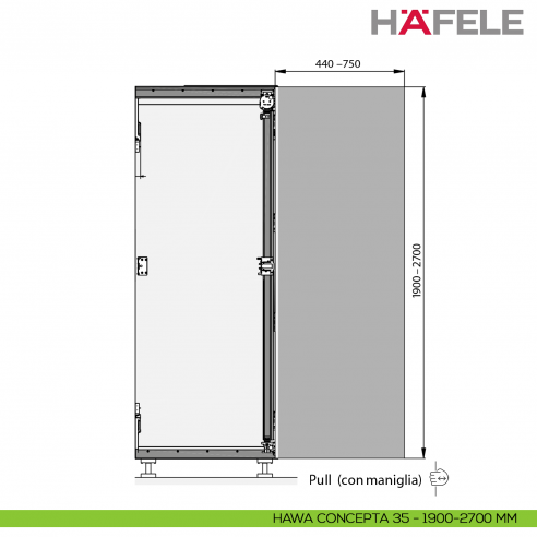 Guarnitura per ante rientranti Hafele Hawa Concepta III 25-35 Pull con maniglia