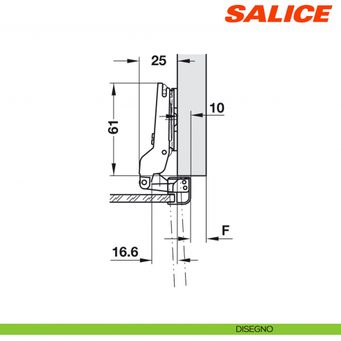 Cerniera Salice C2Z6G99 per ante con telaio in alluminio apertura 105 gradi collo 9 chiusura automatica - disegno