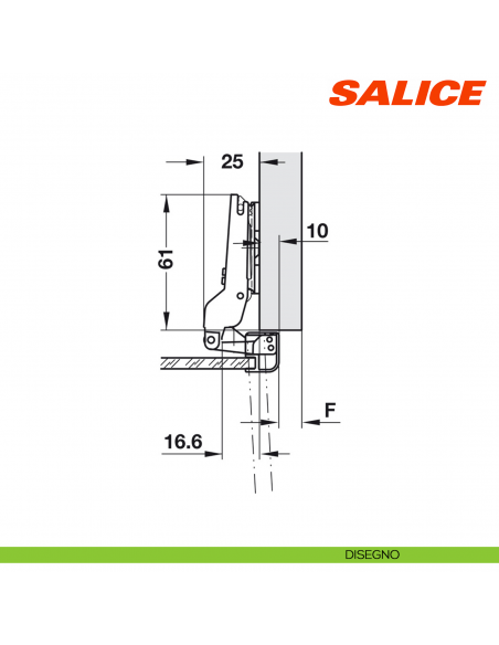 Cerniera Salice C2Z6G99 per ante con telaio in alluminio apertura 105 gradi collo 9 chiusura automatica - disegno