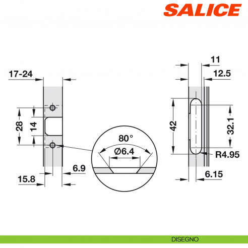 Cerniera Salice C2Z6P99 per ante con telaio in alluminio apertura 105 gradi collo 17 chiusura automatica - disegno