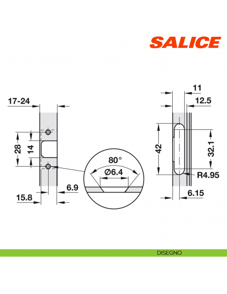 Cerniera Salice C2Z6P99 per ante con telaio in alluminio apertura 105 gradi collo 17 chiusura automatica - disegno