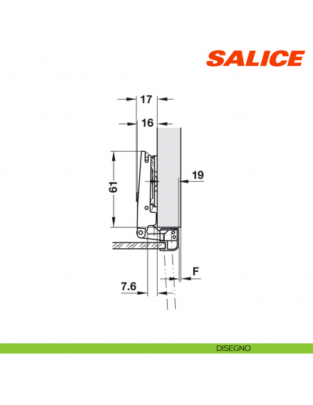 Cerniera Salice C2ZPA99 Push per ante con telaio in alluminio senza maniglia apertura 105 gradi collo 0 - disegno