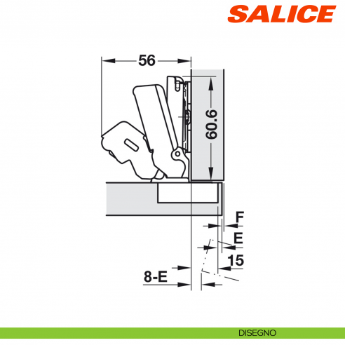 Cerniera Salice C2ARA99 Push apertura 155 gradi collo 0 per ante senza maniglia - disegno