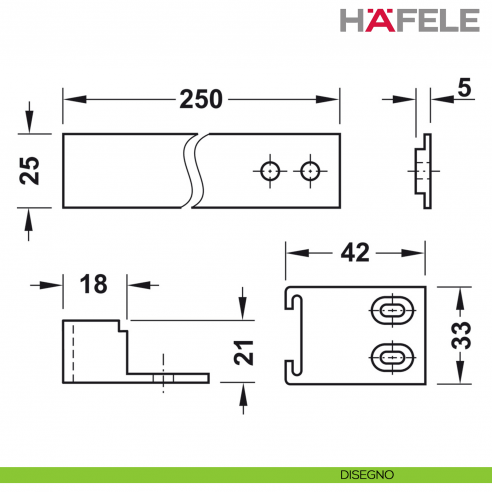 Cerniera di trascinamento per frigoriferi da incasso Hafele da avvitare dietro l'anta del mobile - disegno