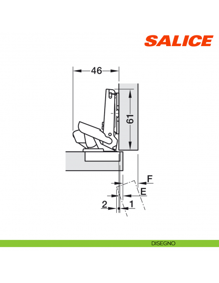 Cerniera Salice CBAQAC9 Universali Push apertura 110 gradi per ante senza maniglia - disegno