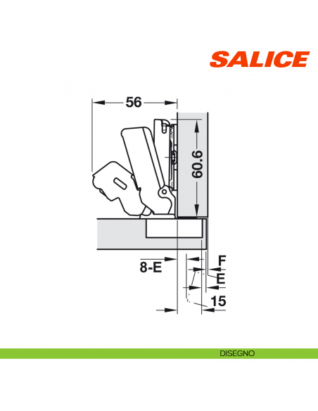 Cerniera Salice C2AFA99 Serie 200 apertura 165 gradi collo 0 chiusura automatica - disegno