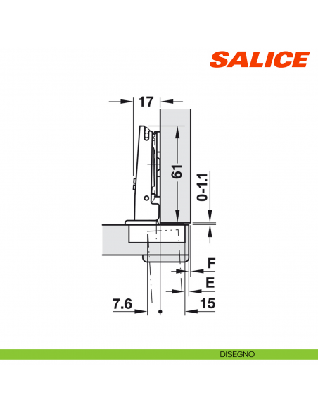 Cerniera Salice C2ABA99 Serie 200 apertura 94 gradi collo 0 forti spessori chiusura automatica - disegno