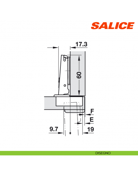 Cerniera Salice CFA7A99 Serie F apertura 94 gradi collo 0 per ante di forte spessore massimo 40 mm chiusura automatica - disegno