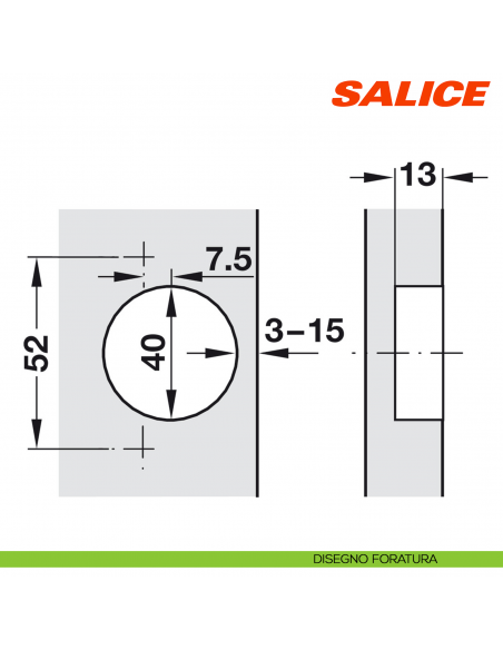 Cerniera Salice CFA5A99 Serie F apertura 94 gradi collo 0 per ante di forte spessore massimo 40 mm chiusura libera