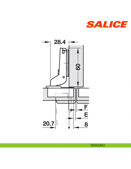Cerniera Salice CFA5G99 Serie F apertura 94 gradi collo 11 per ante di forte spessore massimo 40 mm chiusura libera  - disegno